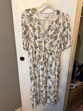 Time and Tru Cream Midi Dress with Blue and Green Floral Print